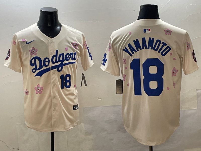 Men Los Angeles Dodgers #18 Yamamoto Cream Sakura Edition 2025 Nike MLB Jersey style 12